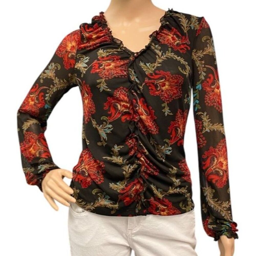 Express Y2K Black Semi-Sheer Floral Long Sleeve Ruffle Blouse V-Neck Sz M